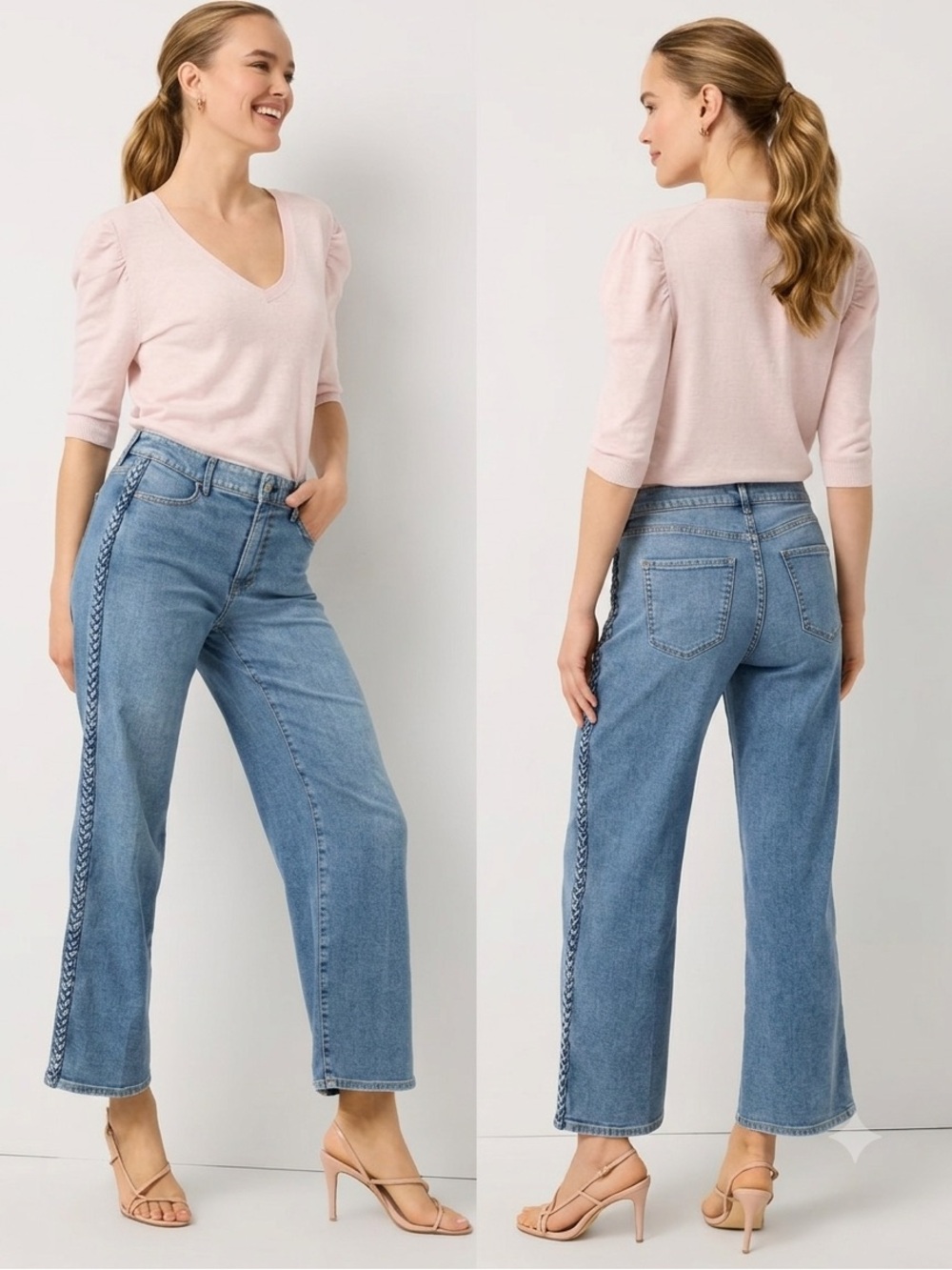 WHBM Featherweight High Rise Wide Leg Crop Jeans Braided Seam Stripe Size 6⁠